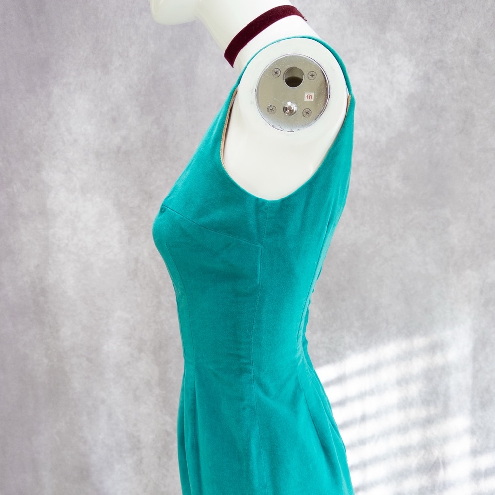 Vintage 1950s Joan Miller for Glen Teal Cotton Velveteen Sheath Dress ~24” waist - Picture 5 of 9